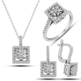 Gumush T7752 Kare Zirkon Taşlı Kadın Gümüş Set