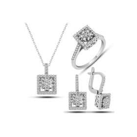 Gumush T7752 Kare Zirkon Taşlı Kadın Gümüş Set