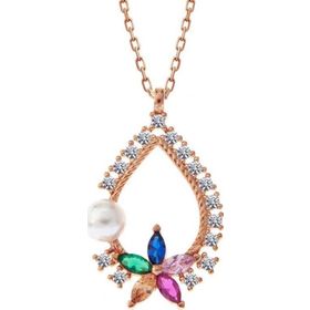Gumush T7974 Rose Renkli Taşlı Çiçekli Kadın Gümüş Kolye