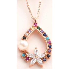 Gumush T7974 Rose Renkli Taşlı Çiçekli Kadın Gümüş Kolye