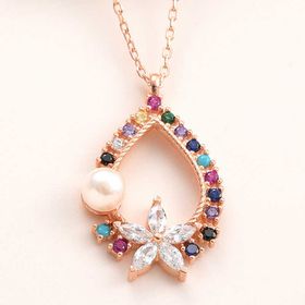 Gumush T7974 Rose Renkli Taşlı Çiçekli Kadın Gümüş Kolye