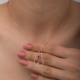Gumush T8382 Temmuz Ayı Doğum Taşı Kedi Kadın Gümüş Kolye