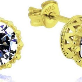 Gumush T8412 Gold Tırnaklı Tek Taş Çivili Kadın Gümüş Küpe