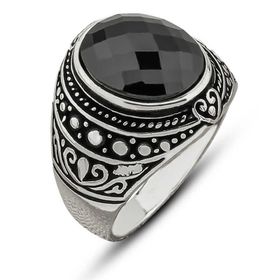 Gumush T8453 Siyah Zirkon Taşlı Oval Erkek Gümüş Yüzük