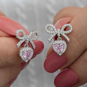 Gumush T8471 Fiyonk Pembe Taşlı Kalpli Çivili Kadın Gümüş Küpe