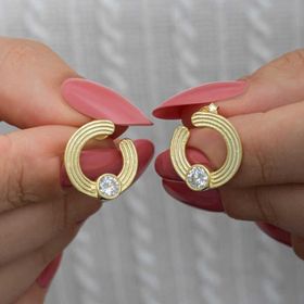 Gumush T8477 Gold Tektaş Halka Kadın Çivili Gümüş Küpe