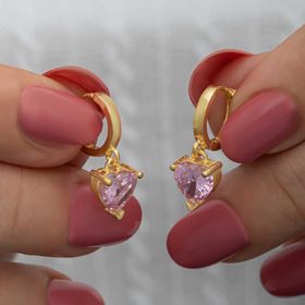 Gumush T8488 Gold Pembe Taşlı Kalpli Kadın Gümüş Küpe