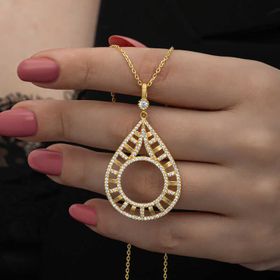 Gumush T8504 Gold Kaplama Damla Çeyrek Takılabilen Kadın Gümüş Kolye