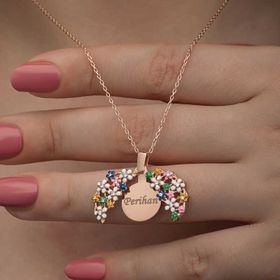 Gumush T8527 Rose Renkli Çiçek Kişiye Özel Kadın Gümüş Kolye
