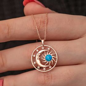 Gumush T8721 Rose Opal Mavi Taşlı Ay Güneş Kadın Gümüş Kolye