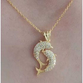 Gumush T8762 Gümüş Gold Çift Yunus Balığı Kadın Kolye