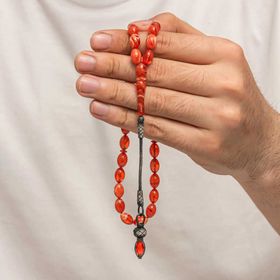 Gumush T8920 Gümüş 1000 Ayar Kazaz Püsküllü Sıkma Kehribar Tesbih