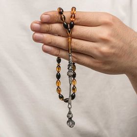 Gumush T8927 Gümüş Kazaz Püsküllü Sıkma Kehribar Tesbih