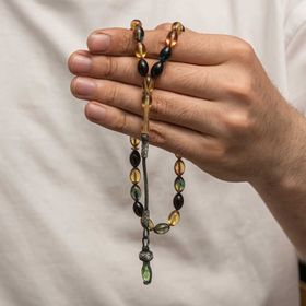 Gumush T8929 Gümüş 1000 Ayar Kazaz Püsküllü Sıkma Kehribar Tesbih