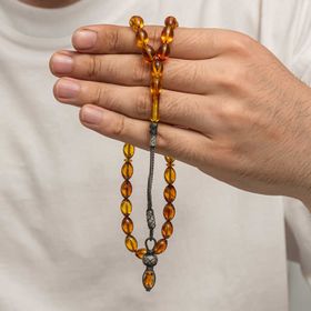 Gumush T8934 Gümüş 1000 Ayar Kazaz Püsküllü Sıkma Kehribar Tesbih
