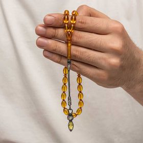 Gumush T8947 Gümüş 1000 Ayar Kazaz Püsküllü Sıkma Kehribar Tesbih
