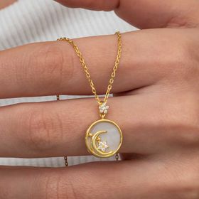 Gumush T8986 Gold Sedef Taşlı Ay Yıldız Hilal Kadın Gümüş Kolye