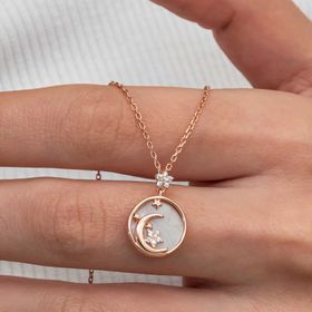 Gumush T8987 Rose Sedef Taşlı Ay Yıldız Hilal Kadın Gümüş Kolye