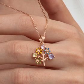 Gumush T8992 Rose Renkli Hayat Ağacı Kadın Gümüş Kolye