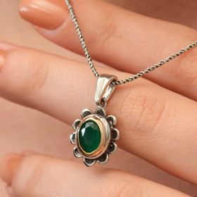 Gumush T9031 Yeşil Çiçek Desenli Otantik Kadın Gümüş Kolye