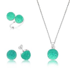 Gumush Yeşil Kristal Taşlı Kadın Gümüş Set