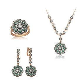 Gumush Yeşil Taşlı Çiçek Kadın Gümüş Set