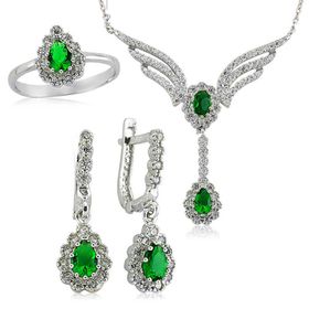 Gumush Yeşil Taşlı Kanat Kadın Gümüş Set