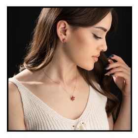 Gümüşistan 925 Ayar Kırmızı Taşlı Lotus Çiçeği Gümüş Kolye Küpe Seti
