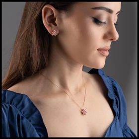 Gümüşistan 925 Ayar Pembe Lotus Çiçeği Gümüş Kolye Küpe Seti