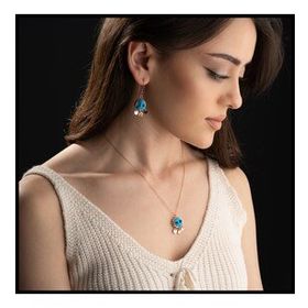 Gümüşistan 925 Ayar Süryani Nazar Gümüş Kolye Küpe Seti
