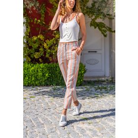 Güneşkızı BST3394 Kiremit Keten Cepli Düğmeli Boru Paça Havuç Kadın Pantolon