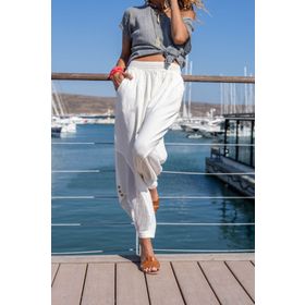 Güneşkızı RSD3038 Beyaz Beli Lastikli Paçası Düğmeli Fileli Keten Şalvar Kadın Pantolon