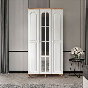 GuneyStore Bohem 3 Kapaklı Aynalı Atlantik Çam Beyaz Gardırop