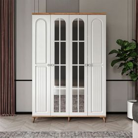 GuneyStore Bohem 4 Kapaklı Aynalı Atlantik Çam Beyaz Gardırop
