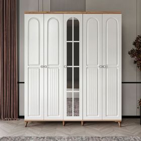 GuneyStore Bohem 5 Kapaklı Aynalı Atlantik Çam Beyaz Gardırop