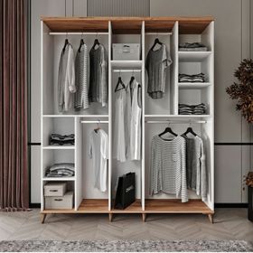 GuneyStore Bohem 5 Kapaklı Aynalı Atlantik Çam Beyaz Gardırop