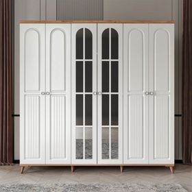 GuneyStore Bohem 6 Kapaklı Atlantik Çam Beyaz Aynalı Gardırop