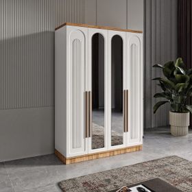 GuneyStore Flora 4 Kapaklı Aynalı Atlantik Çam Beyaz Gardırop