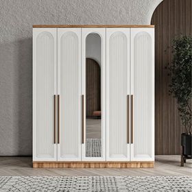 GuneyStore Flora 5 Kapaklı Aynalı Atlantik Çam Beyaz Gardırop