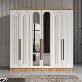 GuneyStore Flora 6 Kapaklı Aynalı Atlantik Çam Beyaz Gardırop