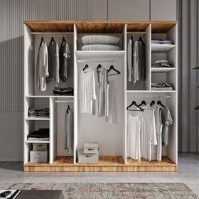 GuneyStore Flora 6 Kapaklı Aynalı Atlantik Çam Beyaz Gardırop
