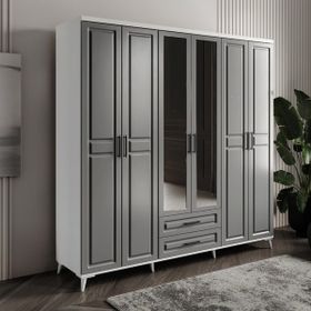GuneyStore Gözde 6 Kapaklı Antrasit Beyaz Aynalı Gardırop