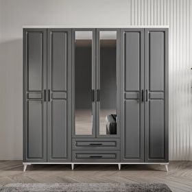 GuneyStore Gözde 6 Kapaklı Aynalı Komple MDF Antrasit Beyaz Gardırop
