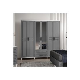 GuneyStore Gözde 6 Kapaklı Aynalı Komple MDF Antrasit Beyaz Gardırop