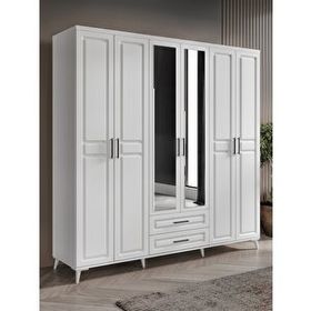 GuneyStore Gözde 6 Kapaklı Aynalı Komple MDF Beyaz Gardırop