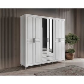 GuneyStore Gözde 6 Kapaklı Aynalı Komple MDF Beyaz Gardırop