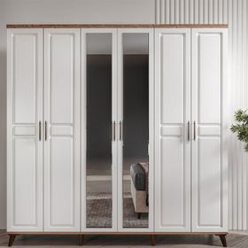 GuneyStore Komple Mdf Sport 6 Kapaklı Aynalı Atlantik Çam Beyaz Gardırop