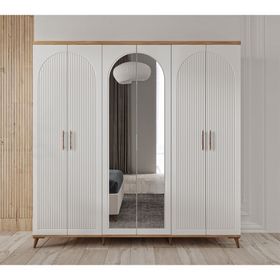GuneyStore Nevada 6 Kapaklı Aynalı Atlantik Çam Beyaz Gardırop
