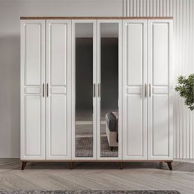 GuneyStore Sport 6 Kapaklı Atlantik Çam Beyaz Aynalı Gardırop