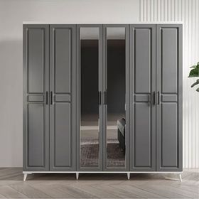 GuneyStore Sport 6 Kapaklı Aynalı Antrasit Beyaz Gardırop